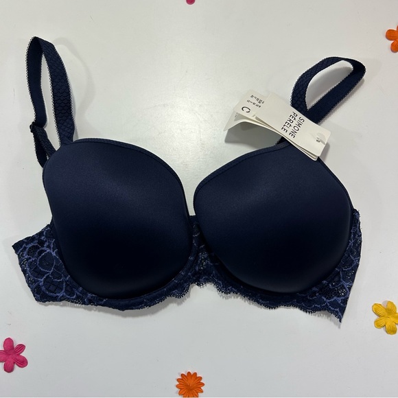 Simone Perele Blue Lace Plunge T-Shirt Bra 34C NWT